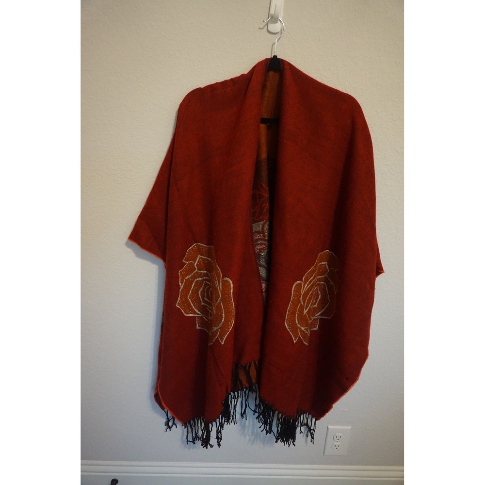 Red Rose Jacquard Woven Shawl Wrap with Fringe Trim Floral Scarf Poncho